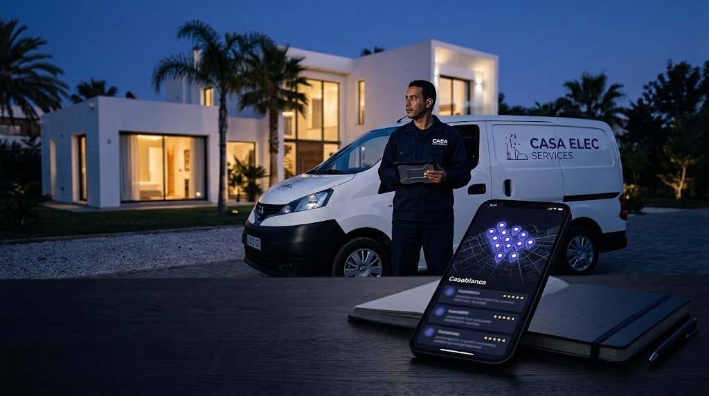 Un technicien devant sa camionnette de service et une villa à Casablanca, avec un téléphone affichant une carte et des avis Google au premier plan