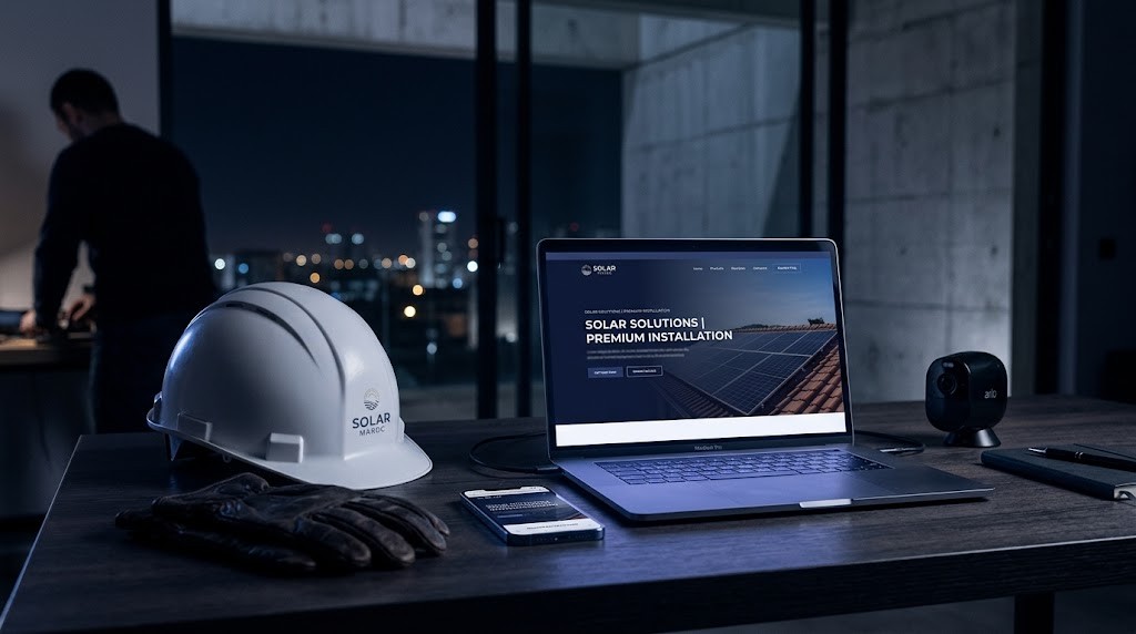 Un ordinateur portable affichant le site d'une entreprise d'installation solaire, avec un casque de chantier, des gants et une caméra de surveillance sur un bureau