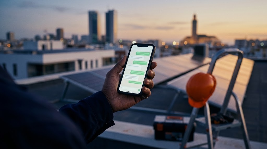 La main d'un technicien tenant un téléphone avec une conversation WhatsApp, sur un toit avec des panneaux solaires et la skyline de Casablanca
