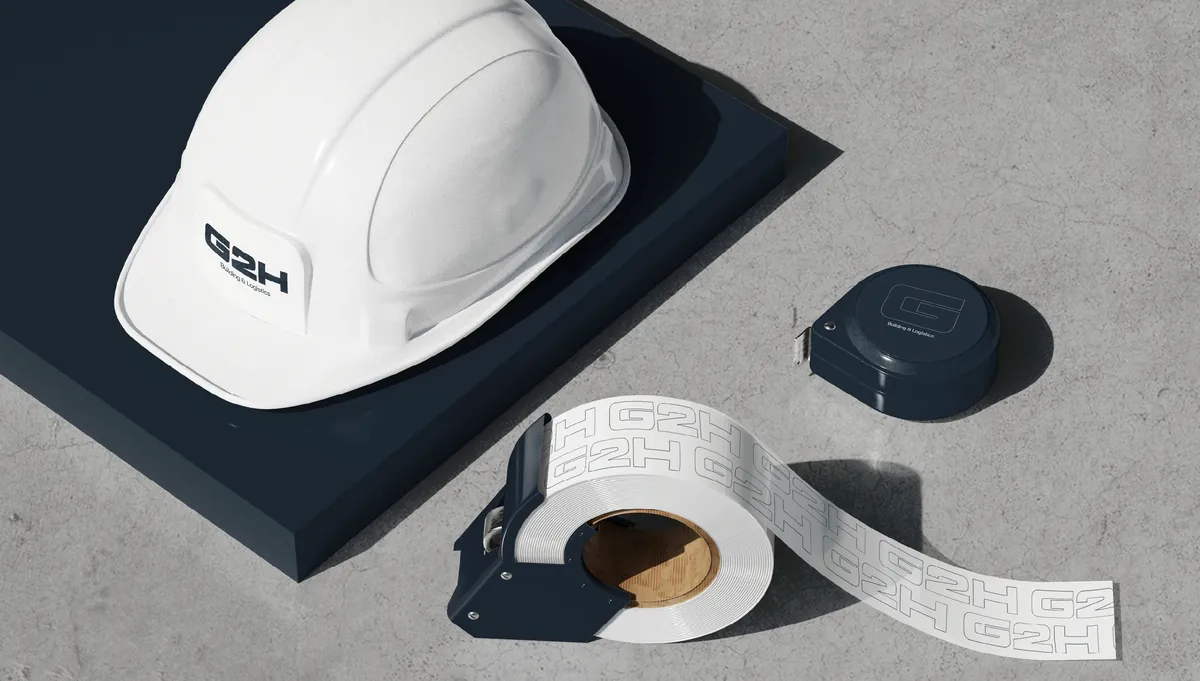 Casque de chantier, mètre ruban et adhésif d'emballage aux couleurs de G2H
