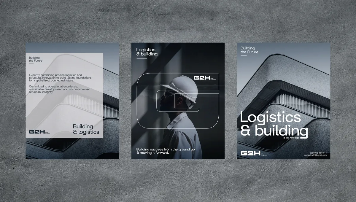 Trois affiches G2H sur un mur en béton