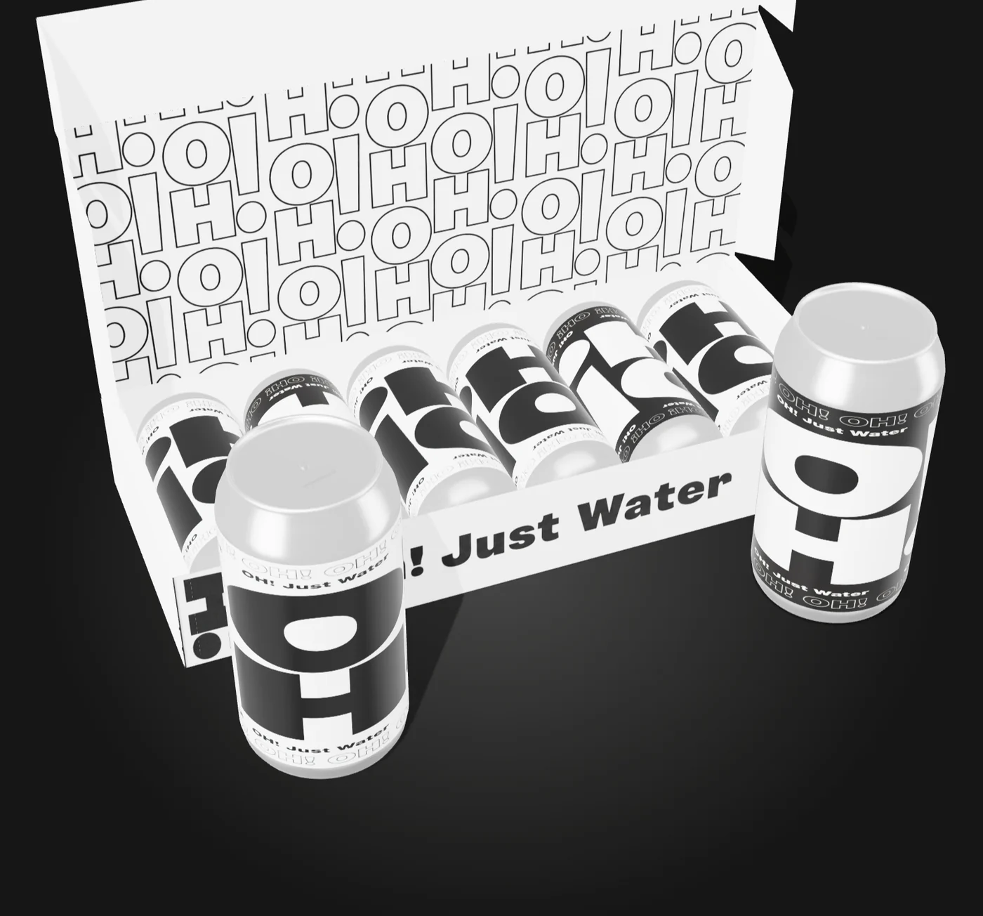 Rendu 3D du coffret et des canettes OH! Just Water