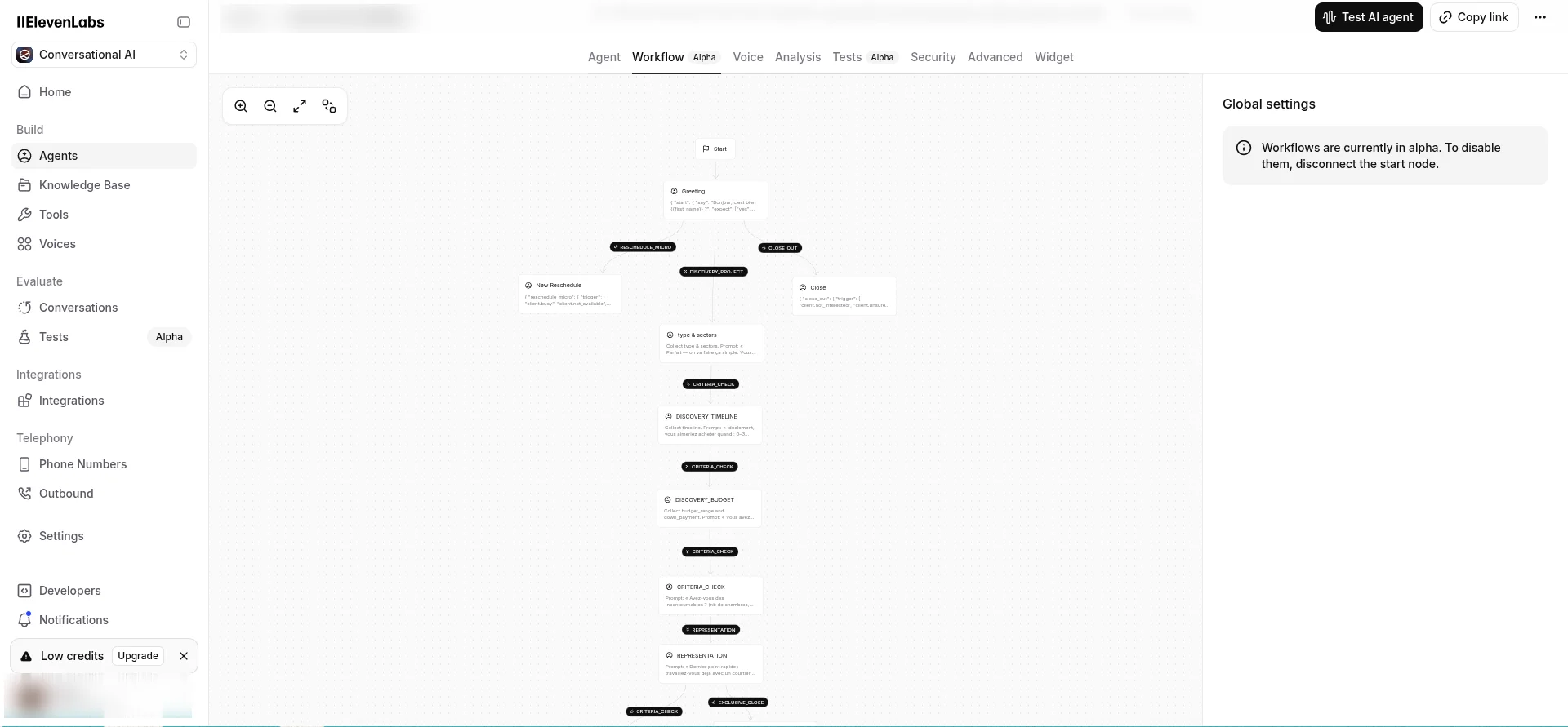 Script de qualification de l'agent vocal IA, construit dans ElevenLabs