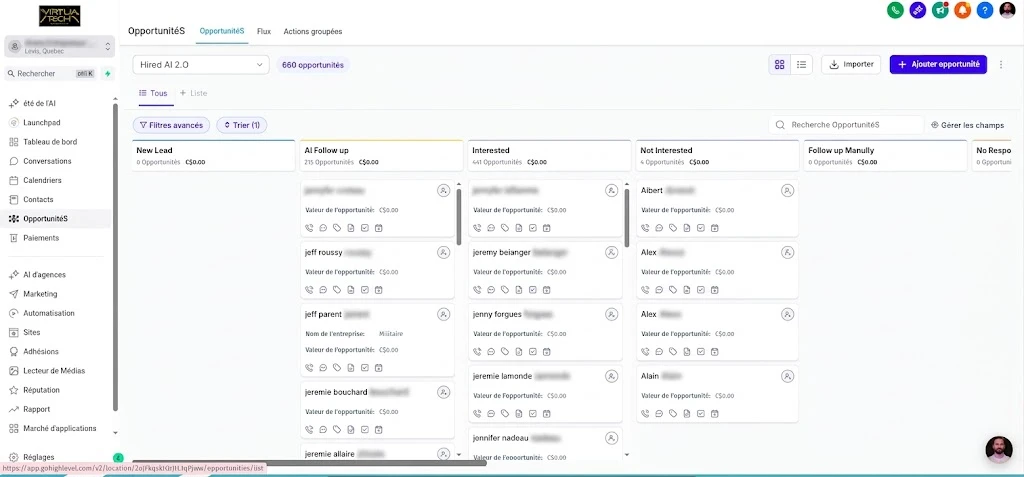 Pipeline réel GoHighLevel de Virtuatech : 660 opportunités réparties par étape, noms des prospects flous